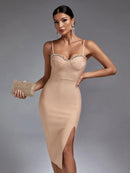 Elegant Nude Crystal Midi Bodycon Outfit, iBuyxi.com