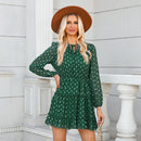 Green Speckled Print Tie Neck Chiffon Mini Dress For Women Sexy Ruffled Long Sleeve A-line Dress 2023 Spring Autumn Female Dress, ibuyxi.com