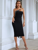 Elegant Black Sequin One Shoulder Midi Dress, ibuyxi.com