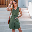 Drawstring Button Front V-neck Sleeveless A-Line Mini Dress, ibuyxi.com