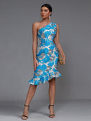 One Shoulder Blue Jacquard Mermaid Dress, ibuyxi.com