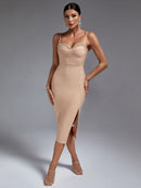 Nude Crystal Midi Bodycon Elegant Dress, ibuyxi.com