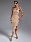 Elegant Nude Crystal Midi Bodycon Outfit, iBuyxi.com