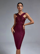 Wine Red Halter Neck Midi Bodycon Dress, ibuyxi.com