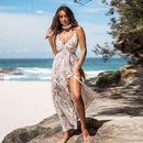 Floral Print Pleated Maxi Dress For Women Sexy V-neck Backless Long Beach Holiday A-line Split Dress 2023 Summer Sundress, ibuyxi.com