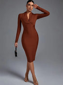 Elegant Draped Long Sleeve Midi Bandage Dress, ibuyxi.com