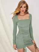 Square Neck Ruched Bodycon Mini Dress, iBuyxi.com