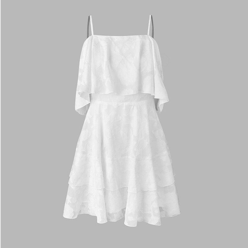 White Floral Jacquard Ruffled Mini Dress For Women Sexy Cami Straps Sleeveless Party A-line Dress 2023 Summer Female Dress, ibuyxi.com