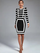 Elegant Black And White Long Sleeve Midi Dress, iBuyxi.com