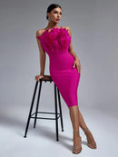Elegant Pink Feather Midi Bandage Bodycon Dress, ibuyxi.com