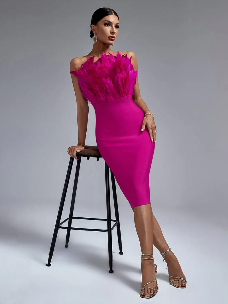 Elegant Pink Feather Midi Bandage Bodycon Dress, ibuyxi.com