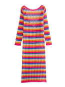 Long Sleeve Colorful Contrast Hollow Knit Maxi Dress, ibuyxi.com