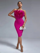 Elegant Pink Feather Midi Bandage Bodycon Dress, ibuyxi.com