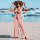 Cotton Bow V-Neck Wide Straps Jumpsuit For Women Sexy Straight Leg Long Playsuit 2023 Summer Overalls Romper Jumpsuit, ibuyxi.com