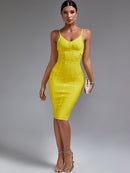 Elegant Ribbed Yellow Strap Bodycon Dress, ibuyxi.com