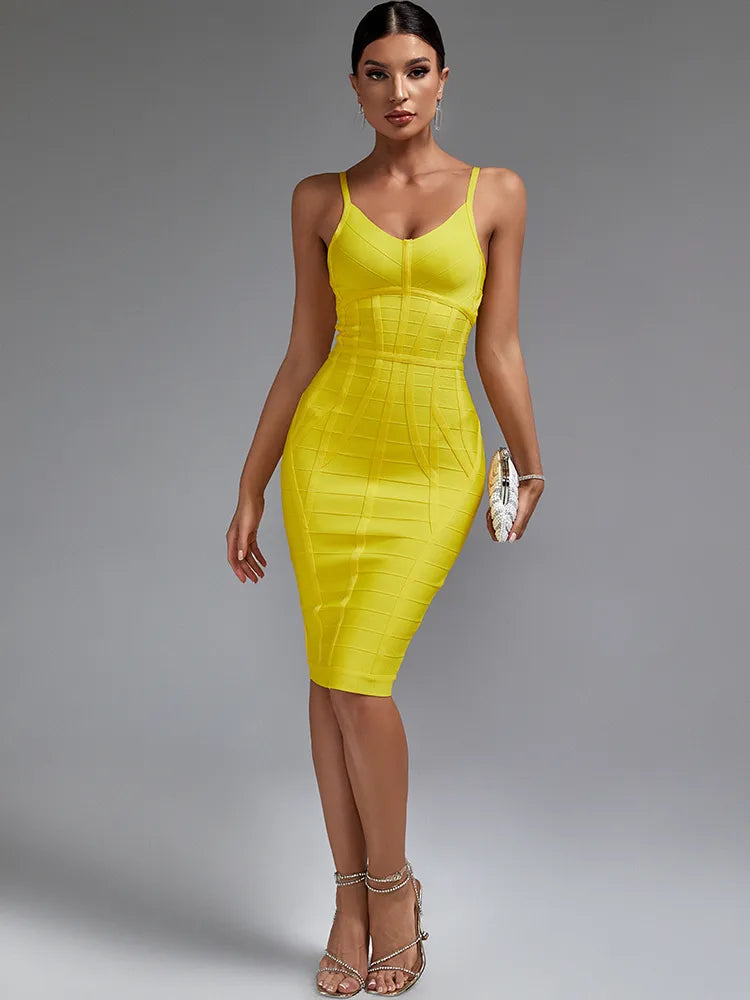 Elegant Yellow Ribbed Spaghetti Strap Bodycon Dress, ibuyxi.com