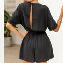 Black Belted Backless Romper For Women Sexy Boat Neck Short Sleeve Short Playsuit 2023 Spring Summer Bodysuit Jumpsuit Overalls, ibuyxi.com