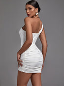 Draped White One Shoulder Bodycon Dress, iBuyxi.com