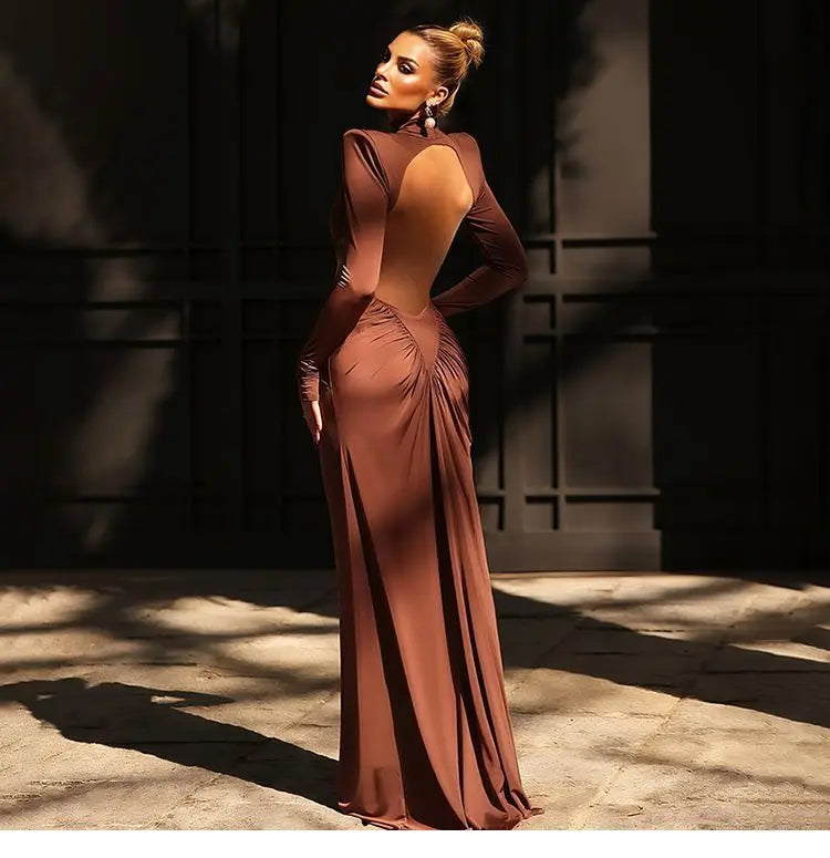 Pleated Backless Fishtail Skirt Maxi Dress