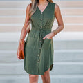 Drawstring Button Front V-neck Sleeveless A-Line Mini Dress, ibuyxi.com