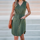 Drawstring Button Front V-neck Sleeveless A-Line Mini Dress, ibuyxi.com