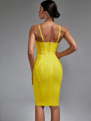 Elegant Yellow Ribbed Spaghetti Strap Bodycon Dress, ibuyxi.com