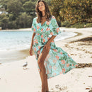 Green Tropical Floral Print Maxi Dress For Women Sexy V-neck Short Sleeve A-line Holiday Beach Dress Summer Female Sundress, ibuyxi.com
