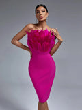 Elegant Pink Feather Midi Bandage Bodycon Dress, ibuyxi.com