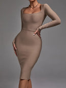 Khaki Long Sleeve Bandage Evening Dress