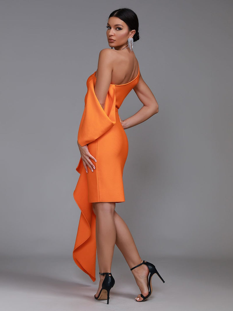 Bodycon Ruffle One Shoulder Orange Bandage Dress, ibuyxi.com