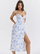 Motion Elegant Blue Print Split Midi Bodycon Dress, ibuyxi.com