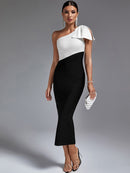 One Shoulder Maxi Bodycon Dress with Color Block, ibuyxi.com