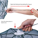 Instructions on how to open and close a fishing net with hands and arrows indicating actions.