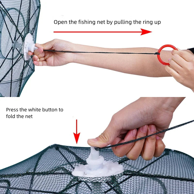 Instructions on how to open and close a fishing net with hands and arrows indicating actions.