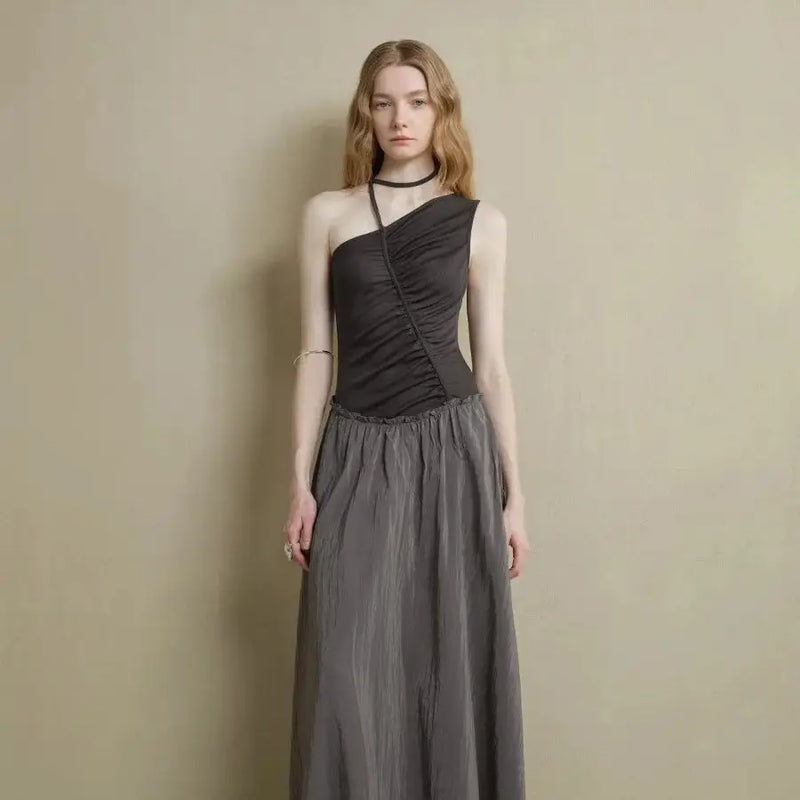 Boho Two Tone Asymmetrical Maxi Dress Black Ash / S Boho Two Tone Asymmetrical Maxi Dress Black Ash / S