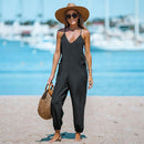 Blue V-Neck Cami Joggers Jumpsuit For Women Sexy Side Pockets Jogger Leg Long Playsuit 2023 Summer Overalls Romper Jumpsuit, ibuyxi.com