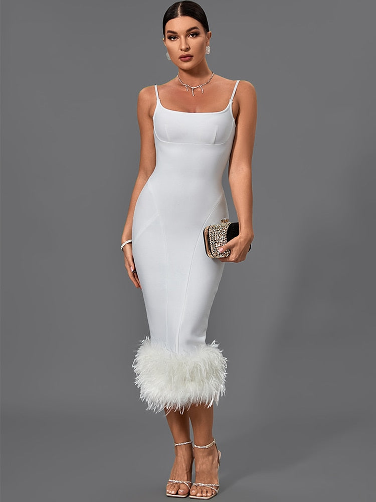 Elegant White Feather Bandage Midi Dress, ibuyxi.com