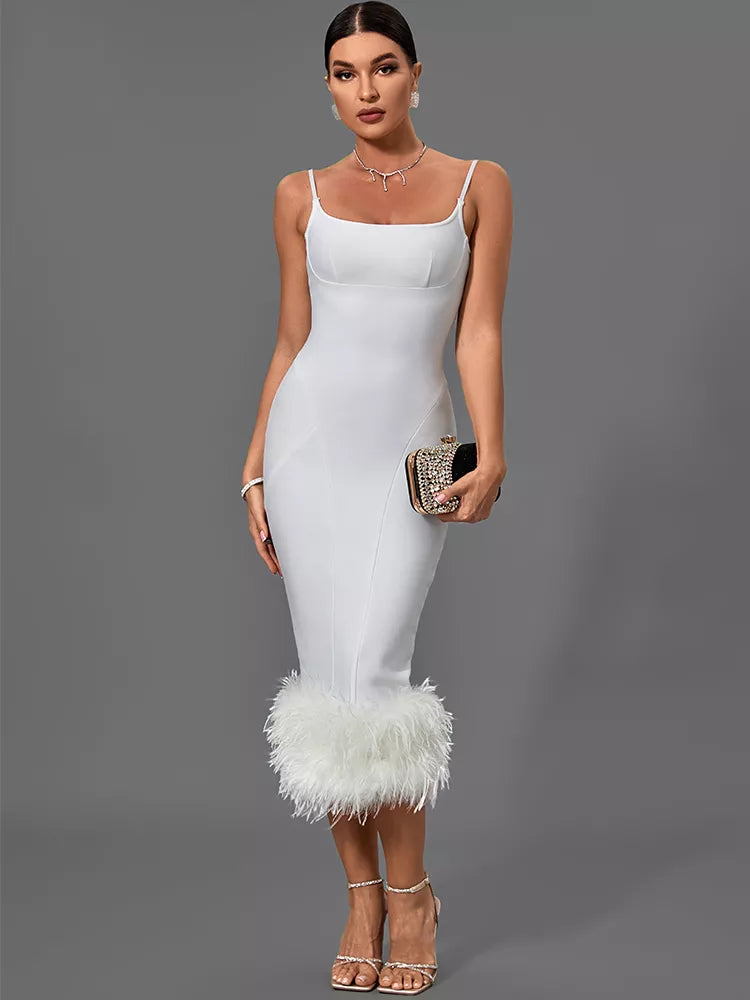  White Feather Bandage Midi Bodycon Dress, ibuyxi.com
