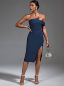 Blue Beaded One Shoulder Bodycon Outfit, ibuyxi.com