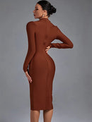 Elegant Draped Long Sleeve Midi Bandage Dress, ibuyxi.com