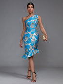 One Shoulder Blue Jacquard Mermaid Dress, ibuyxi.com