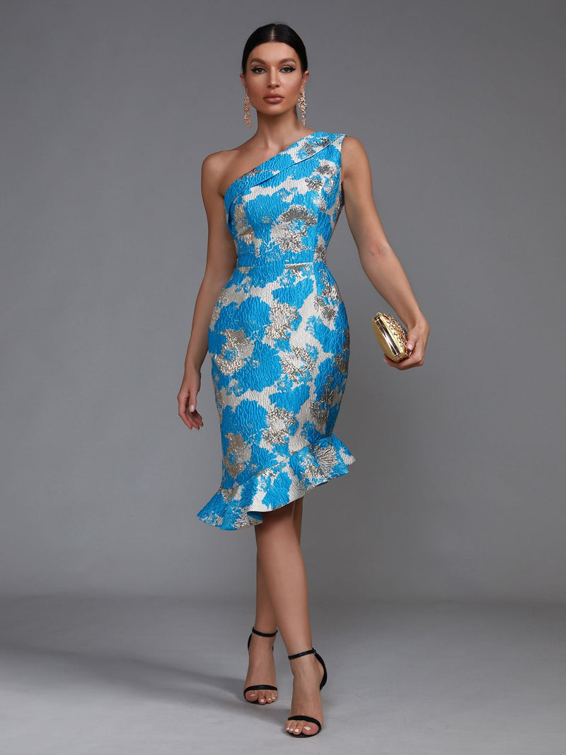 One Shoulder Blue Jacquard Mermaid Dress, ibuyxi.com