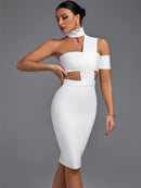 High Neck White Bandage Bodycon Elegant Outfit, ibuyxi.com