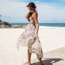 Floral Print Pleated Maxi Dress For Women Sexy V-neck Backless Long Beach Holiday A-line Split Dress 2023 Summer Sundress, ibuyxi.com