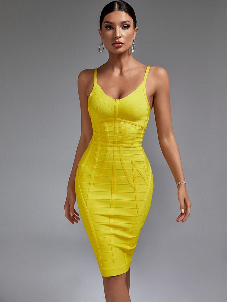 Elegant Ribbed Yellow Strap Bodycon Dress, ibuyxi.com