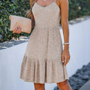 Light Brown Ribbed Cami Mini Dress For Women Sexy V-neck Spaghetti Straps Holiday Beach A-line Dress 2023 Summer Female Dress, ibuyxi.com