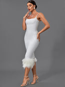 Elegant White Feather Bandage Midi Dress, ibuyxi.com