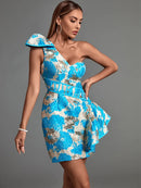 Jacquard Ruffle Evening Party Dress