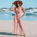 Cotton Bow V-Neck Wide Straps Jumpsuit For Women Sexy Straight Leg Long Playsuit 2023 Summer Overalls Romper Jumpsuit, ibuyxi.com