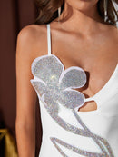 Elegant White Crystal V Neck Bodycon Dress, ibuyxi.com